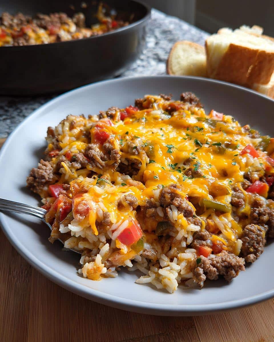 A bowl filled with Easy Ground Beef Skillet Dinner, featuring ground meat, rice, vegetables, and melted cheddar cheese.