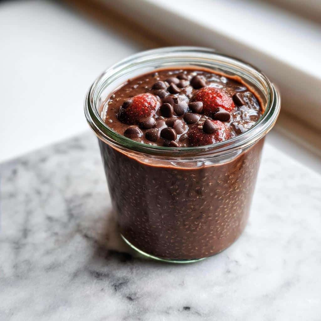 A glass jar filled with rich Easy Keto Chocolate Chia Seed Pudding, topped with strawberries and chocolate chips.