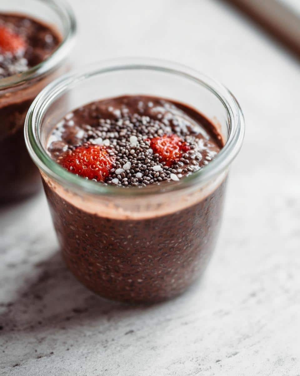 Close-up of Easy Keto Chocolate Chia Seed Pudding topped with chia seeds and strawberry slices.