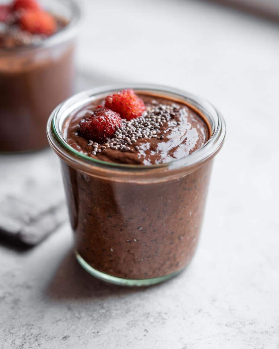 Close-up of Easy Keto Chocolate Chia Seed Pudding topped with strawberries and chia seeds.