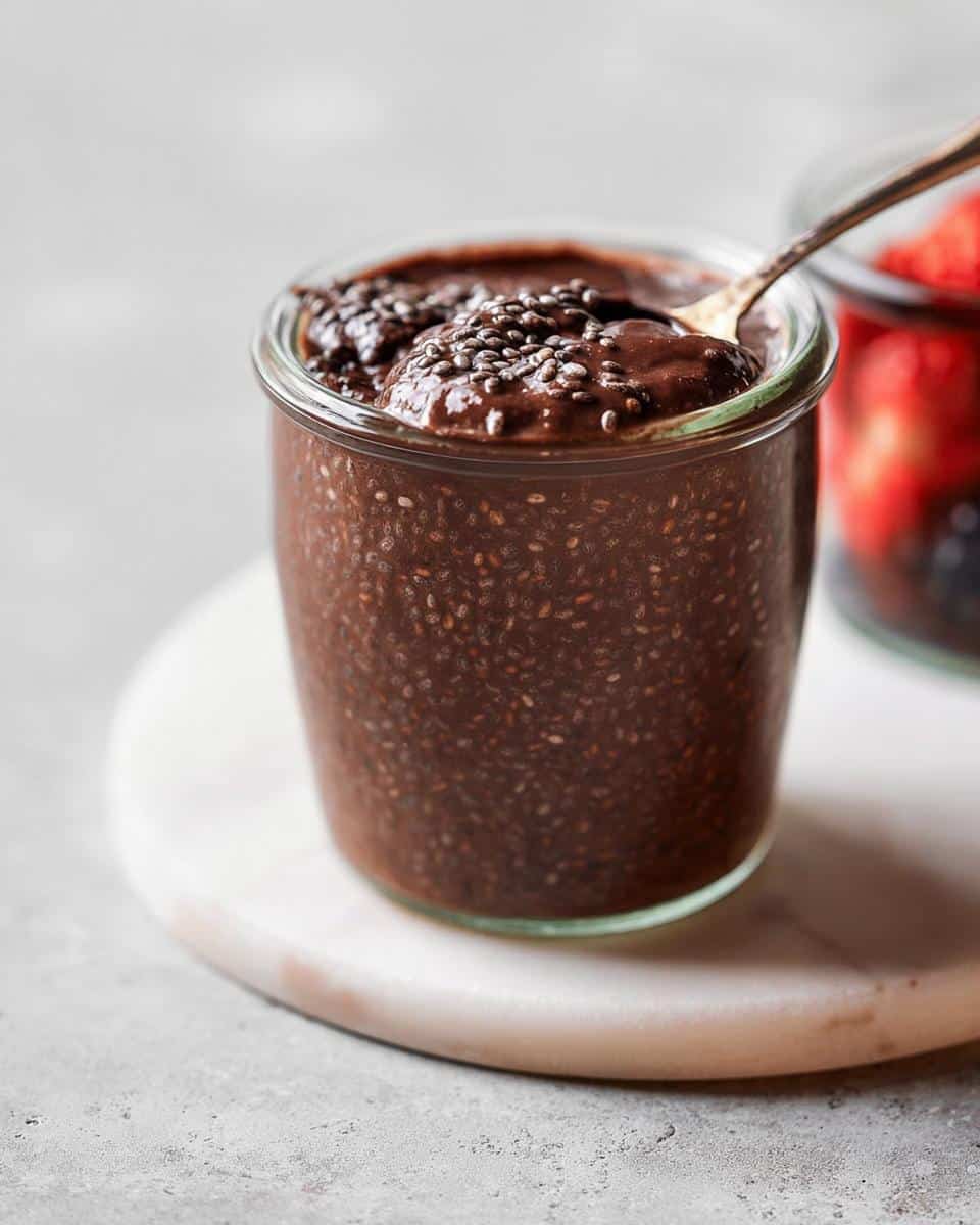 Close-up of Easy Keto Chocolate Chia Seed Pudding in a glass jar with a spoon scooping the top.