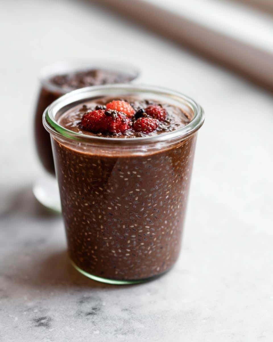 Close-up of Easy Keto Chocolate Chia Seed Pudding topped with fresh raspberries in a glass jar.