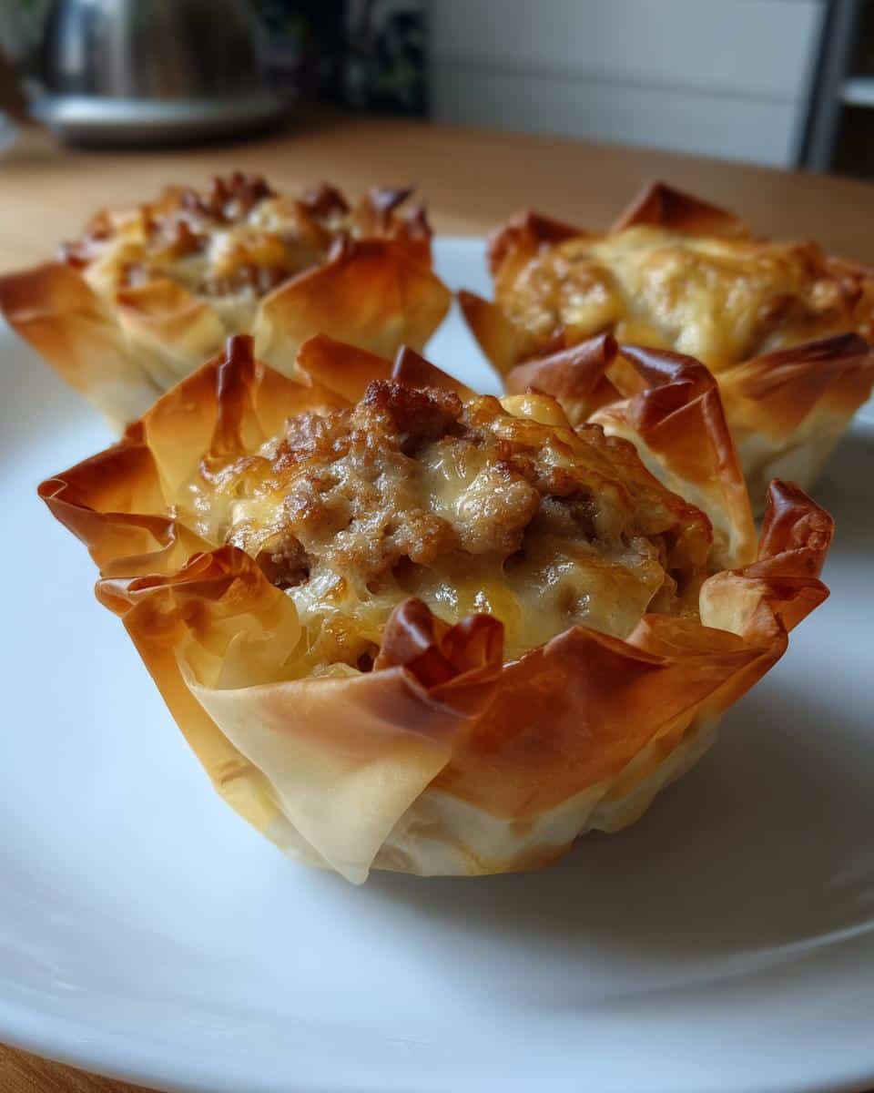 Three golden brown Easy Sausage Phyllo Cups filled with savory sausage and melted cheese, served on a white plate.