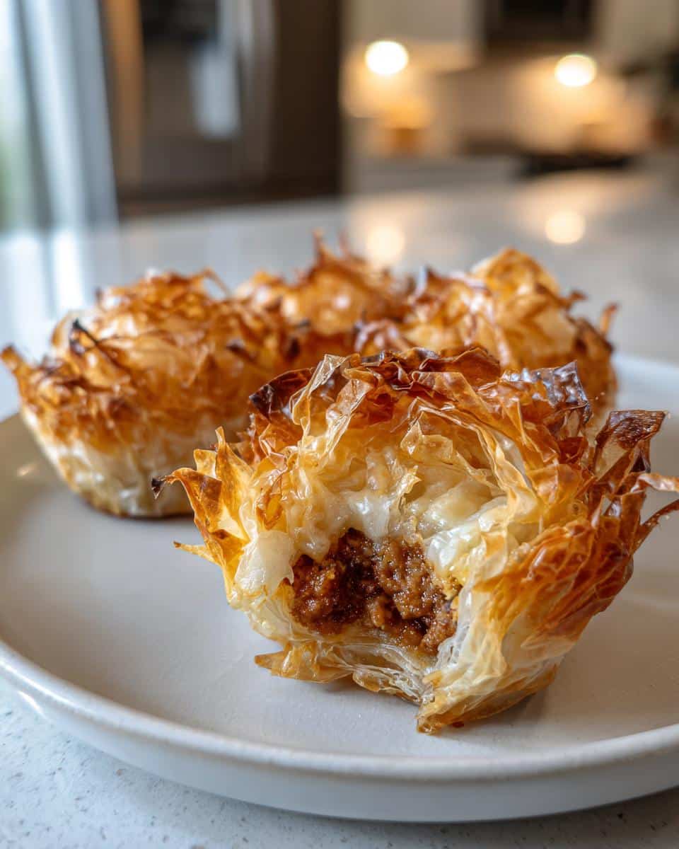 A close-up of Easy Sausage Phyllo Cups, one of which is bitten into, showing the savory sausage filling inside the crispy phyllo pastry.