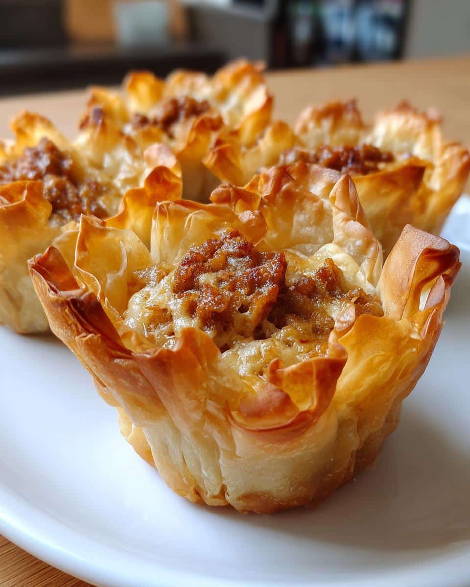 Close-up of several golden brown Easy Sausage Phyllo Cups with savory filling served on a white plate.
