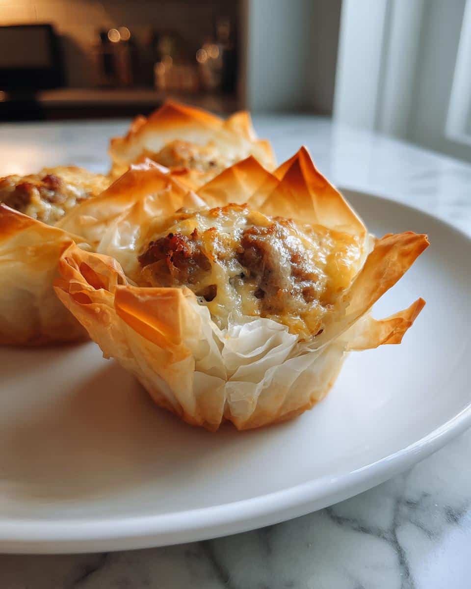 Close-up of golden, flaky Easy Sausage Phyllo Cups filled with sausage and melted cheese on a white plate.