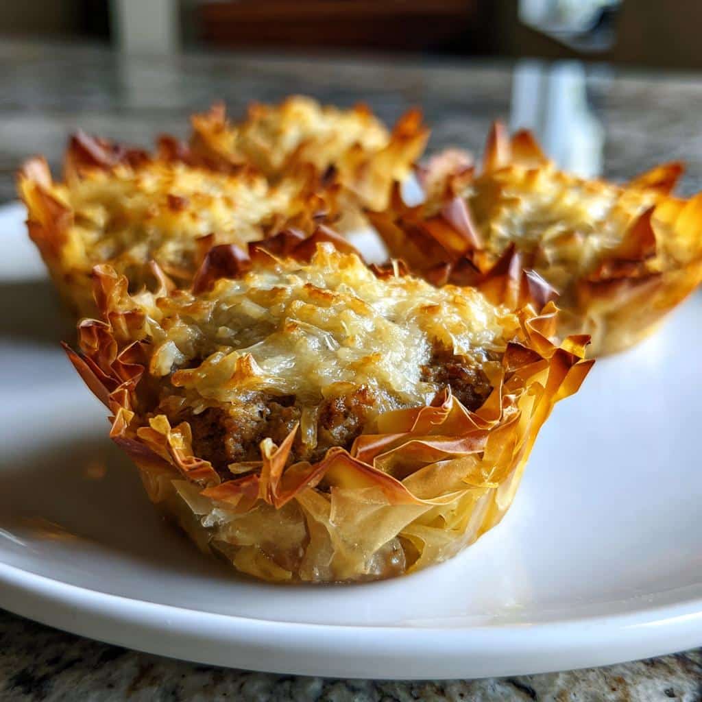 Close-up of three golden Easy Sausage Phyllo Cups topped with melted cheese on a white plate.