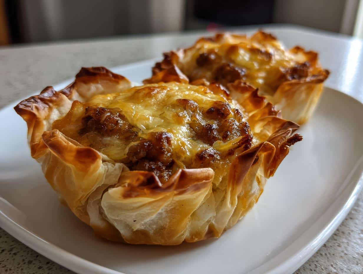 Two golden brown Easy Sausage Phyllo Cups filled with savory sausage and melted cheese, served on a white dish.