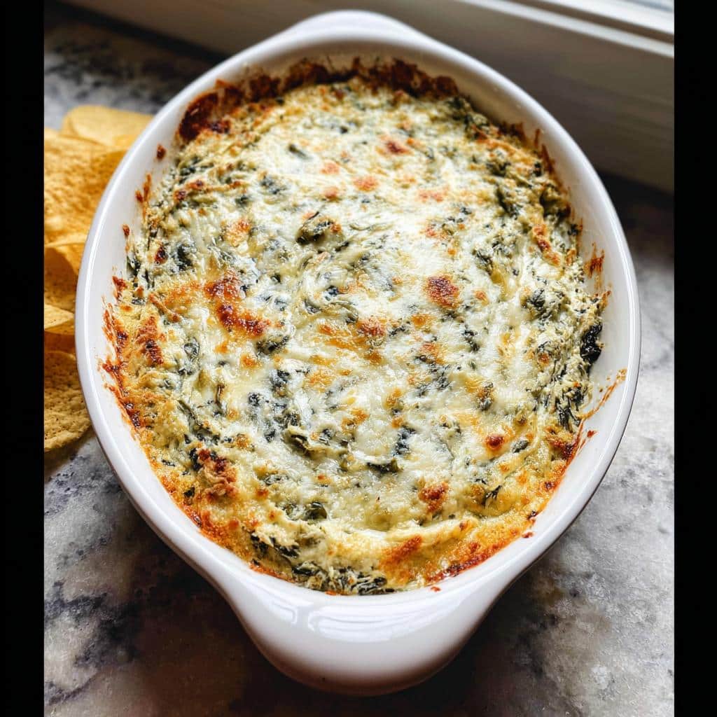 A freshly baked, bubbly Easy Spinach Artichoke Dip topped with melted, golden-brown cheese in a white oval dish.