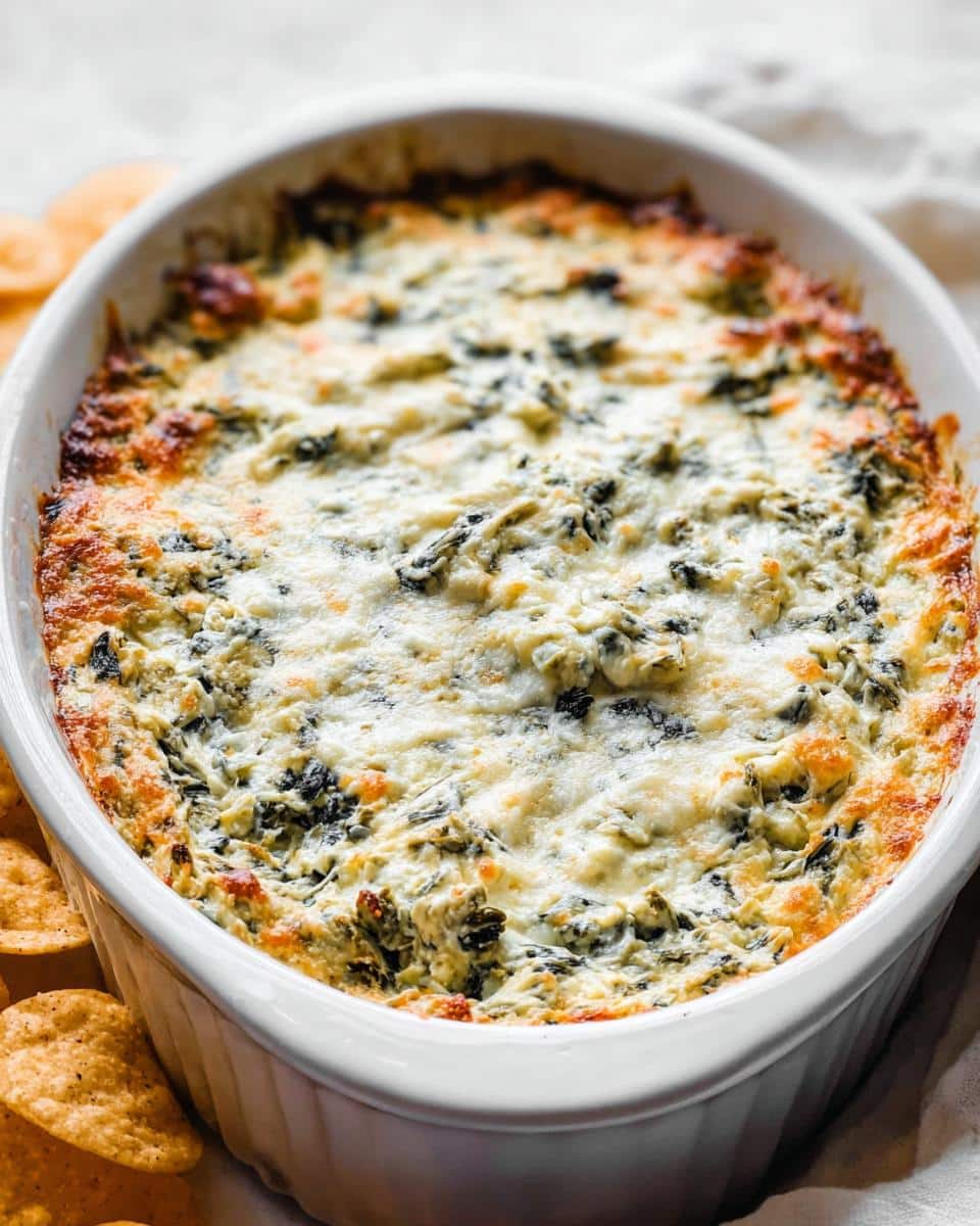 Close-up of a bubbly, baked Easy Spinach Artichoke Dip in a white oval casserole dish, served with tortilla chips.