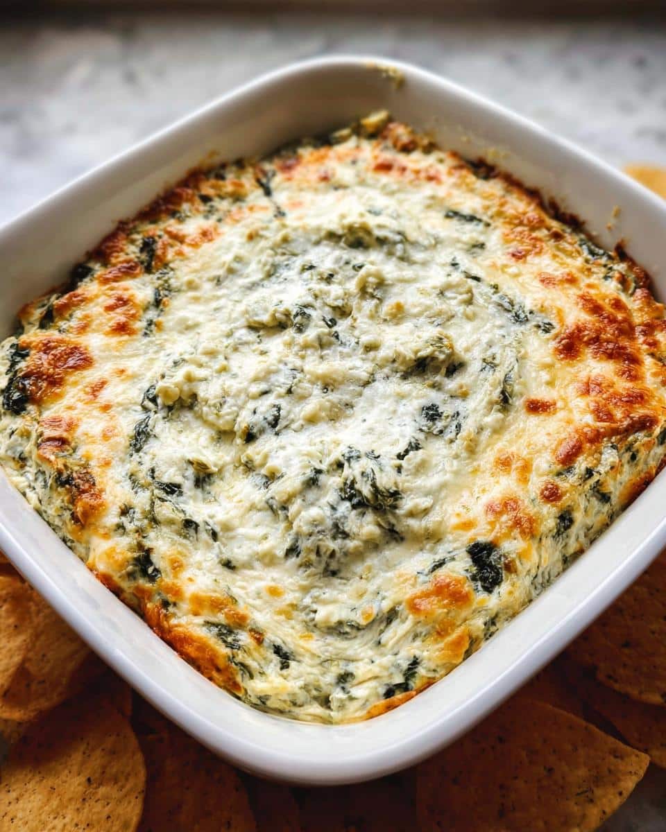 Close-up of hot, cheesy Easy Spinach Artichoke Dip baked in a white square dish, surrounded by tortilla chips.