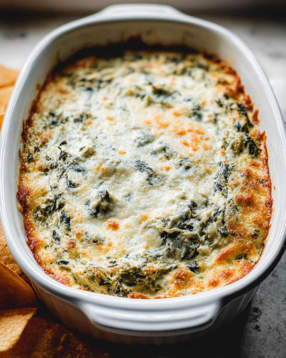 Close-up of a bubbly, baked Easy Spinach Artichoke Dip topped with melted, golden-brown cheese in a white casserole dish.