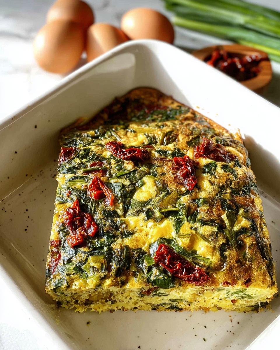 A square slice of Egg and Spinach Gluten-Free Breakfast Bake with sun-dried tomatoes in a white baking dish.