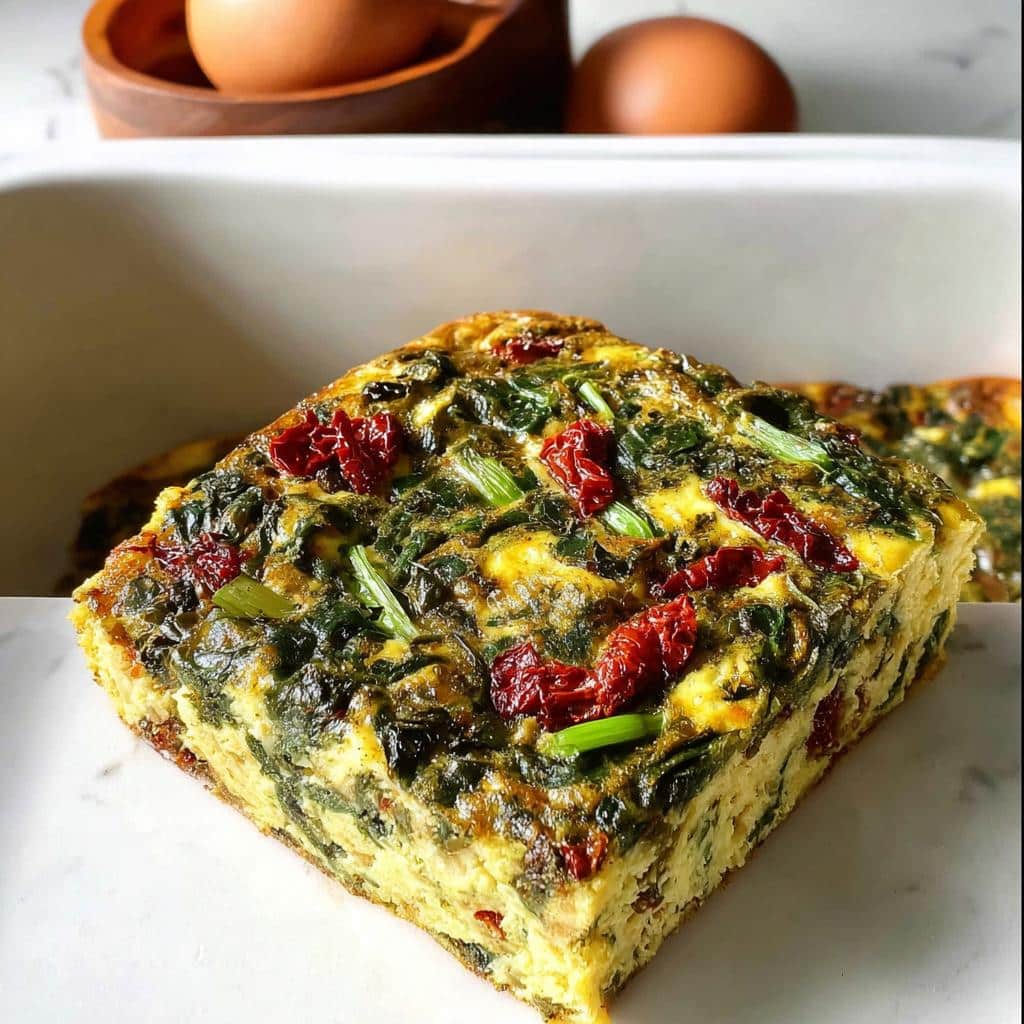Close-up of a square slice of Egg and Spinach Gluten-Free Breakfast Bake topped with sun-dried tomatoes.