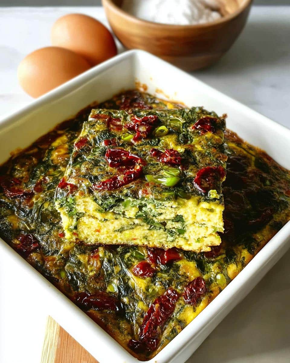 A square slice of Egg and Spinach Gluten-Free Breakfast Bake with sun-dried tomatoes in a white baking dish.