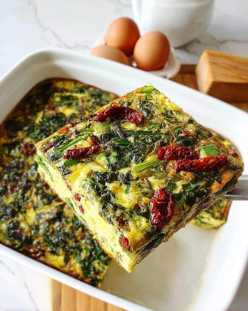 A serving spatula lifts a thick slice of Egg and Spinach Gluten-Free Breakfast Bake from a white baking dish.