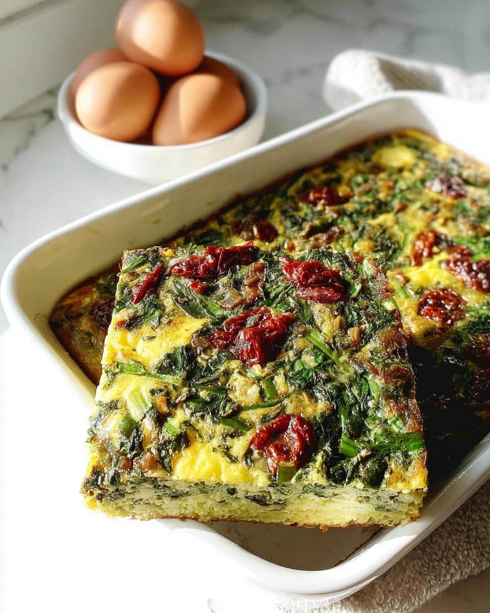 A square slice of Egg and Spinach Gluten-Free Breakfast Bake topped with sun-dried tomatoes in a white baking dish.