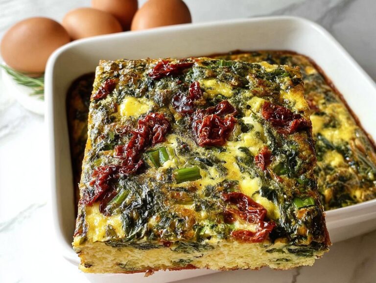 A thick slice of Egg and Spinach Gluten-Free Breakfast Bake topped with sun-dried tomatoes, with whole eggs in the background.