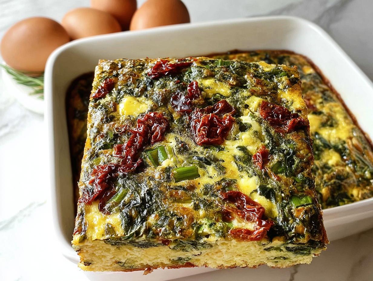 A thick slice of Egg and Spinach Gluten-Free Breakfast Bake topped with sun-dried tomatoes, with whole eggs in the background.