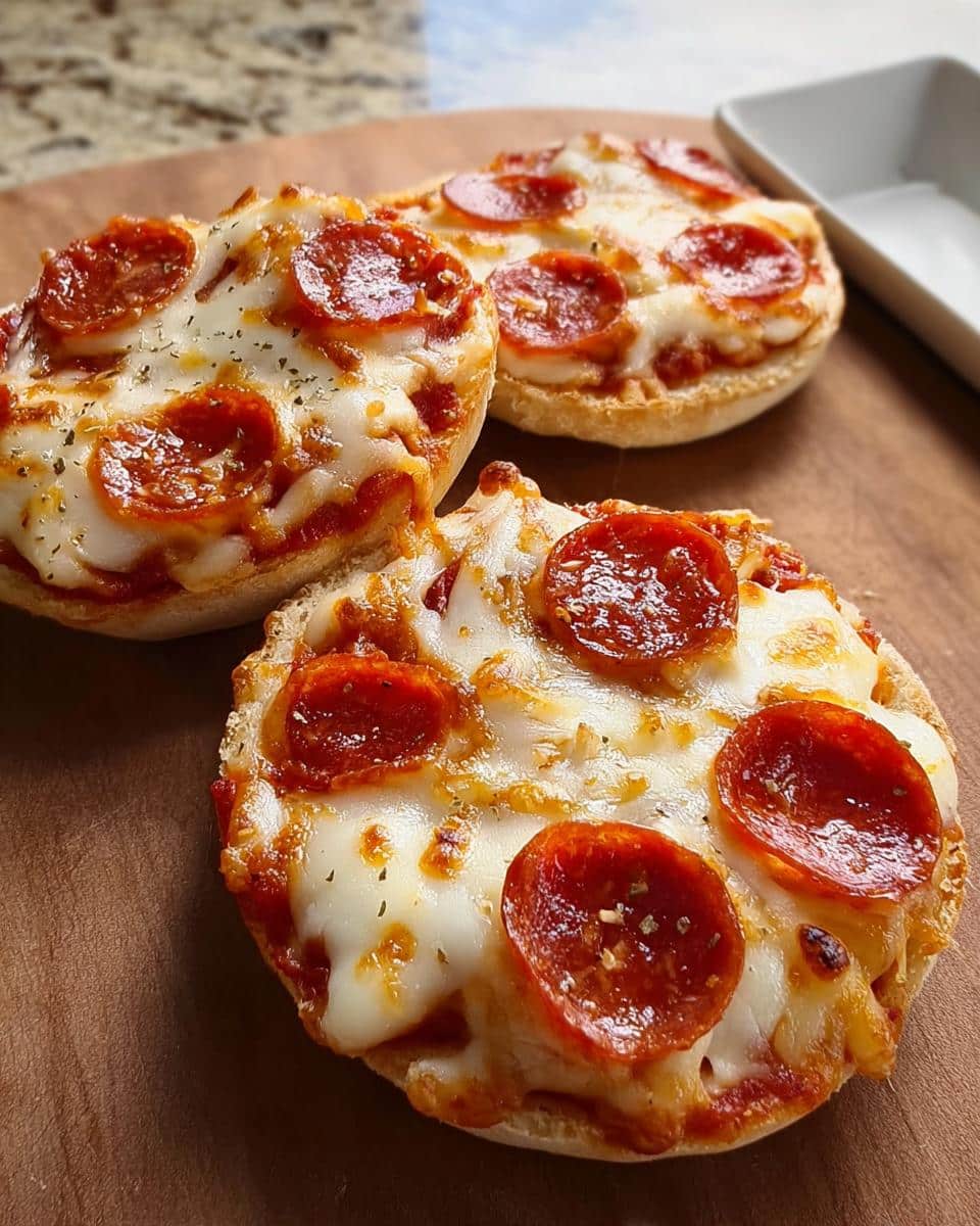 Three freshly baked Fast English Muffin Pizzas topped with melted mozzarella and pepperoni slices.