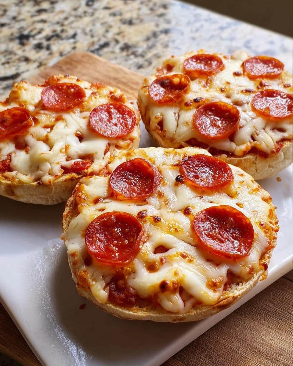 Three freshly baked Fast English Muffin Pizzas topped with melted mozzarella cheese and pepperoni slices.
