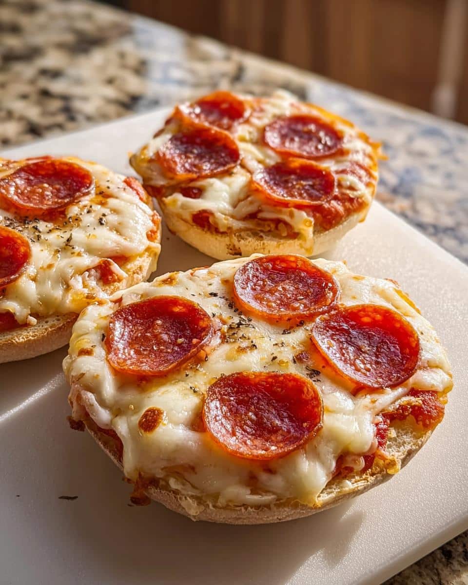 Three freshly baked Fast English Muffin Pizza halves topped with melted mozzarella, pepperoni, and herbs on a white cutting board.