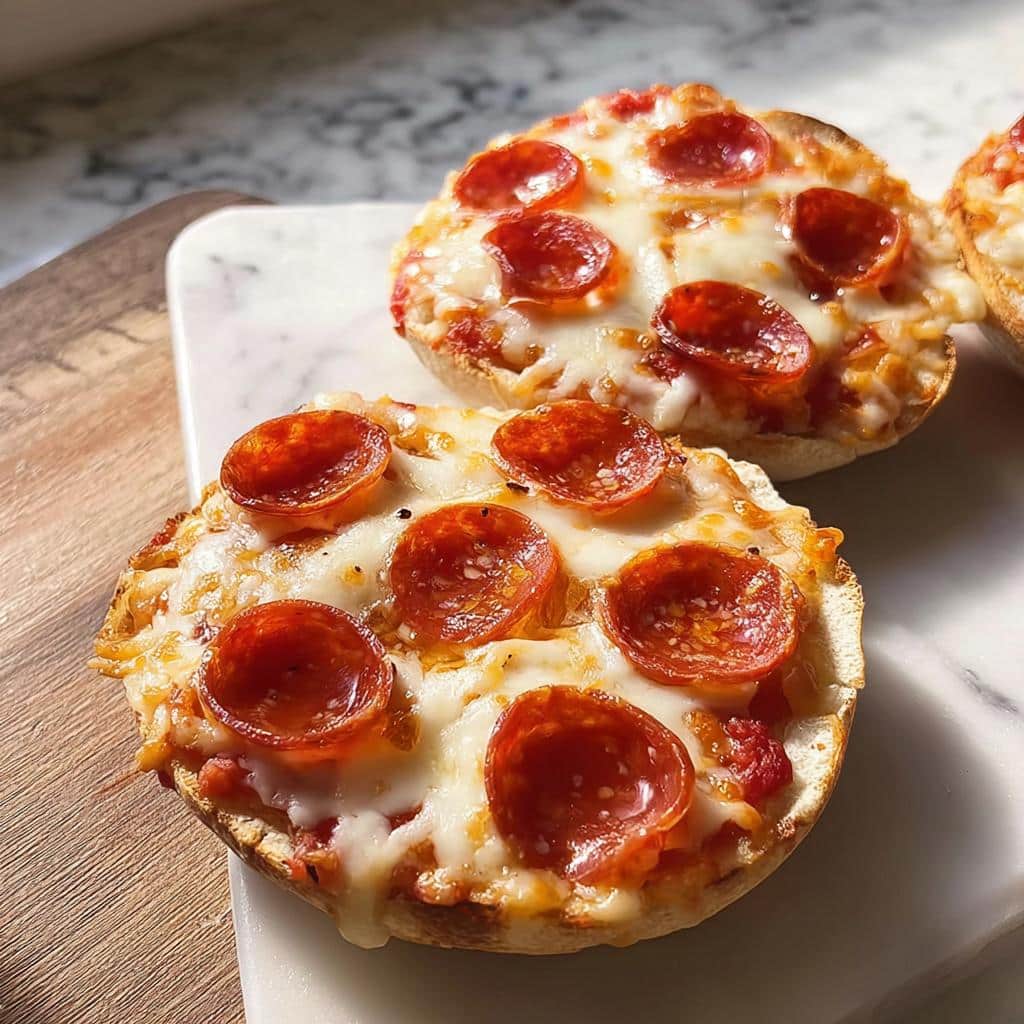 Two halves of a Fast English Muffin Pizza topped with melted cheese and pepperoni slices.