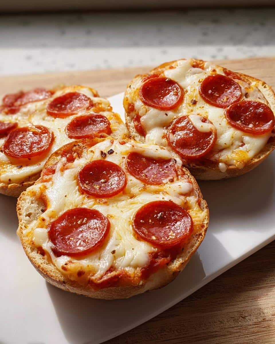 Three baked halves of English muffin pizza topped with melted cheese, pepperoni slices, and herbs.