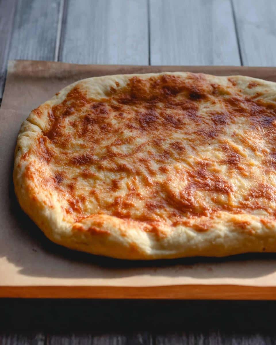 A golden-brown, baked Fathead Dough Keto Pizza crust topped with melted, slightly browned cheese.