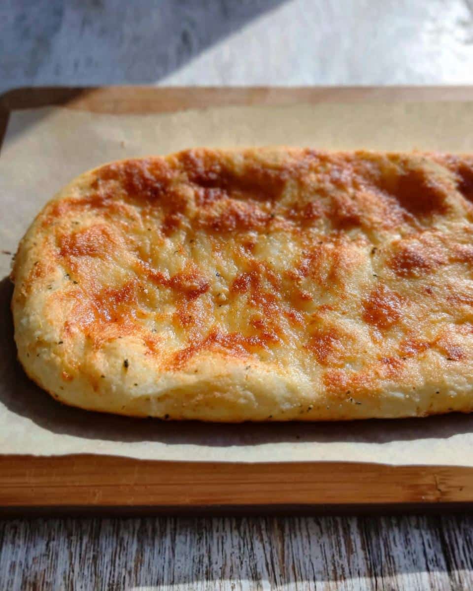 A golden brown, baked Fathead Dough Keto Pizza crust resting on parchment paper on a wooden board.
