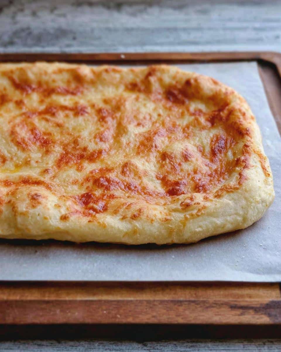 Close-up of a freshly baked Fathead Dough Keto Pizza crust topped with golden, melted cheese.