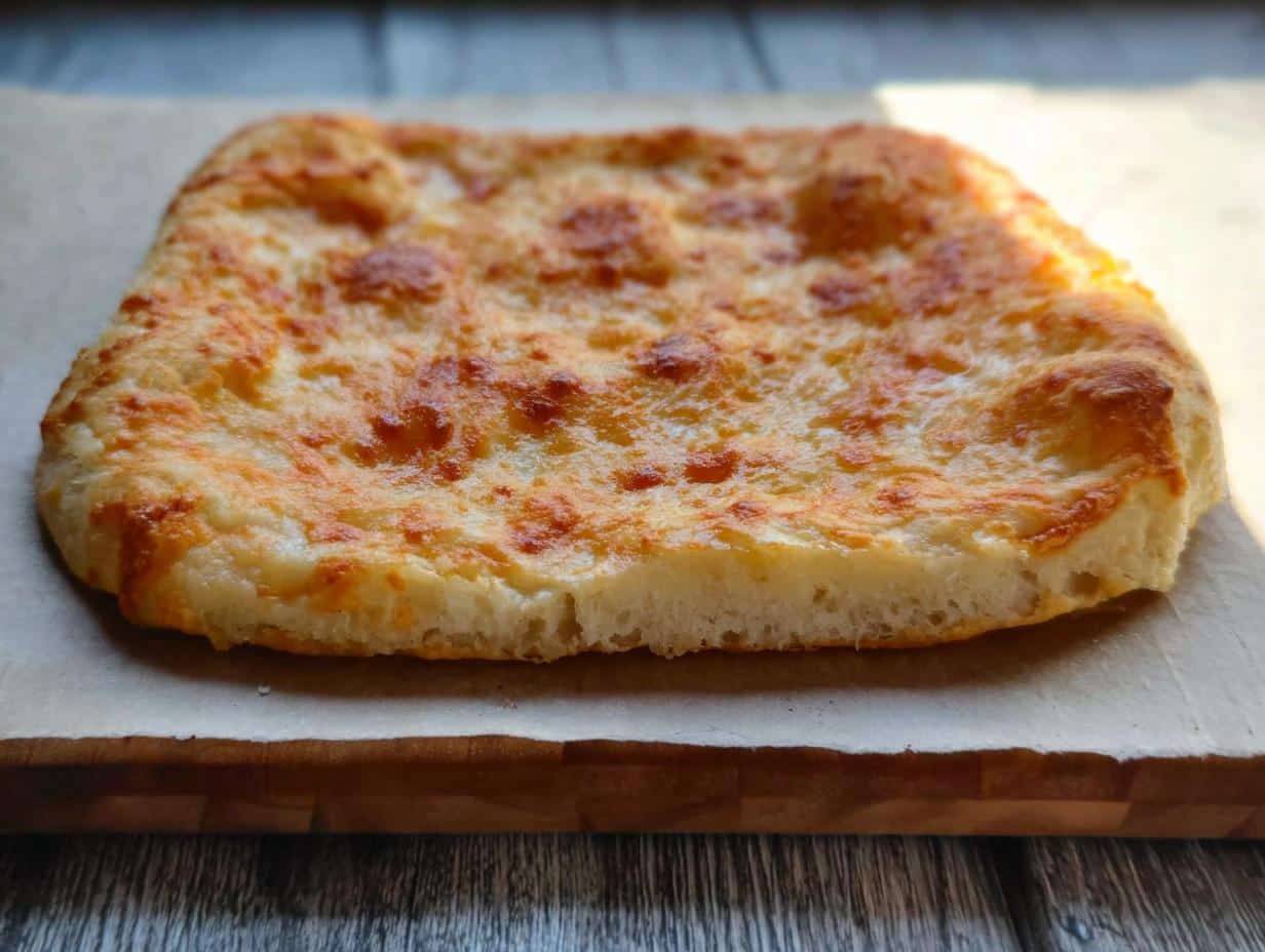 Close-up of a baked Fathead Dough Keto Pizza crust topped only with melted, golden-brown cheese.