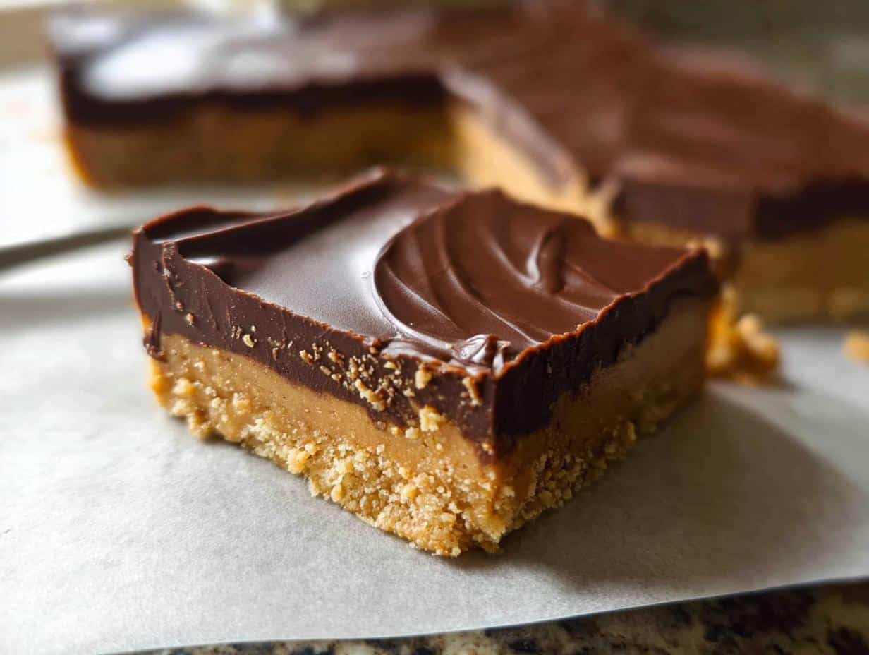 A close-up of a layered 5-Ingredient Dessert Bar featuring a crumbly base, peanut butter layer, and rich chocolate topping.