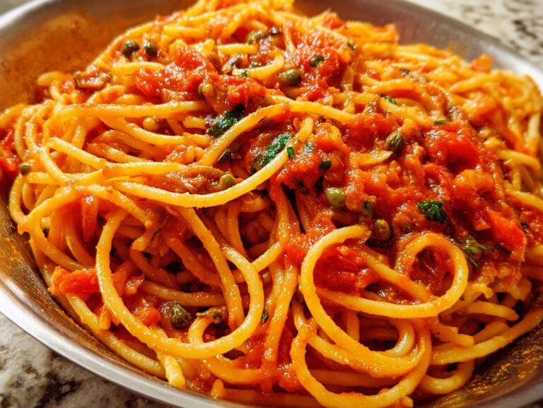 A close-up shot of spaghetti coated in a rich, chunky tomato sauce with visible capers and herbs, representing the 5-Ingredient Pasta Dinner.