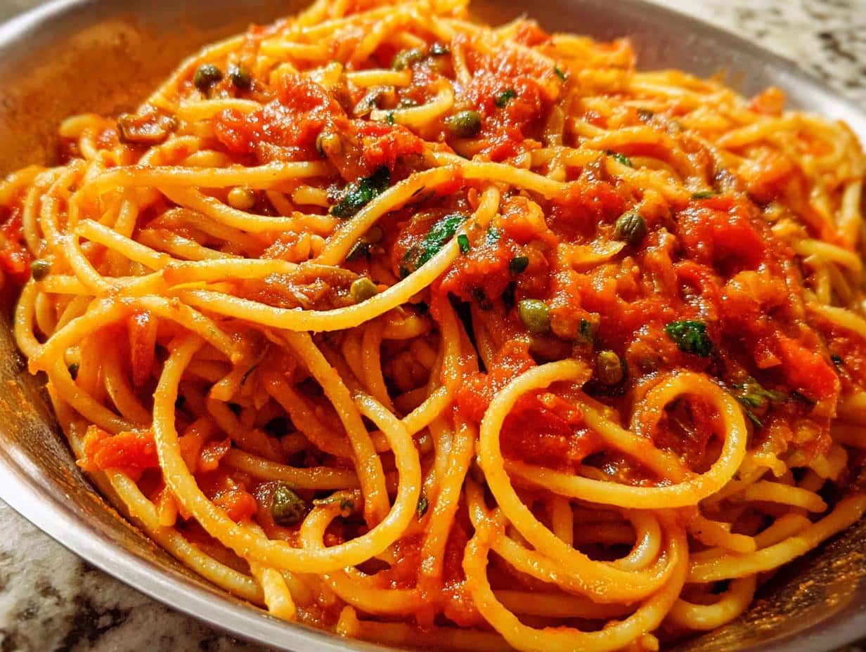 A close-up shot of spaghetti coated in a rich, chunky tomato sauce with visible capers and herbs, representing the 5-Ingredient Pasta Dinner.