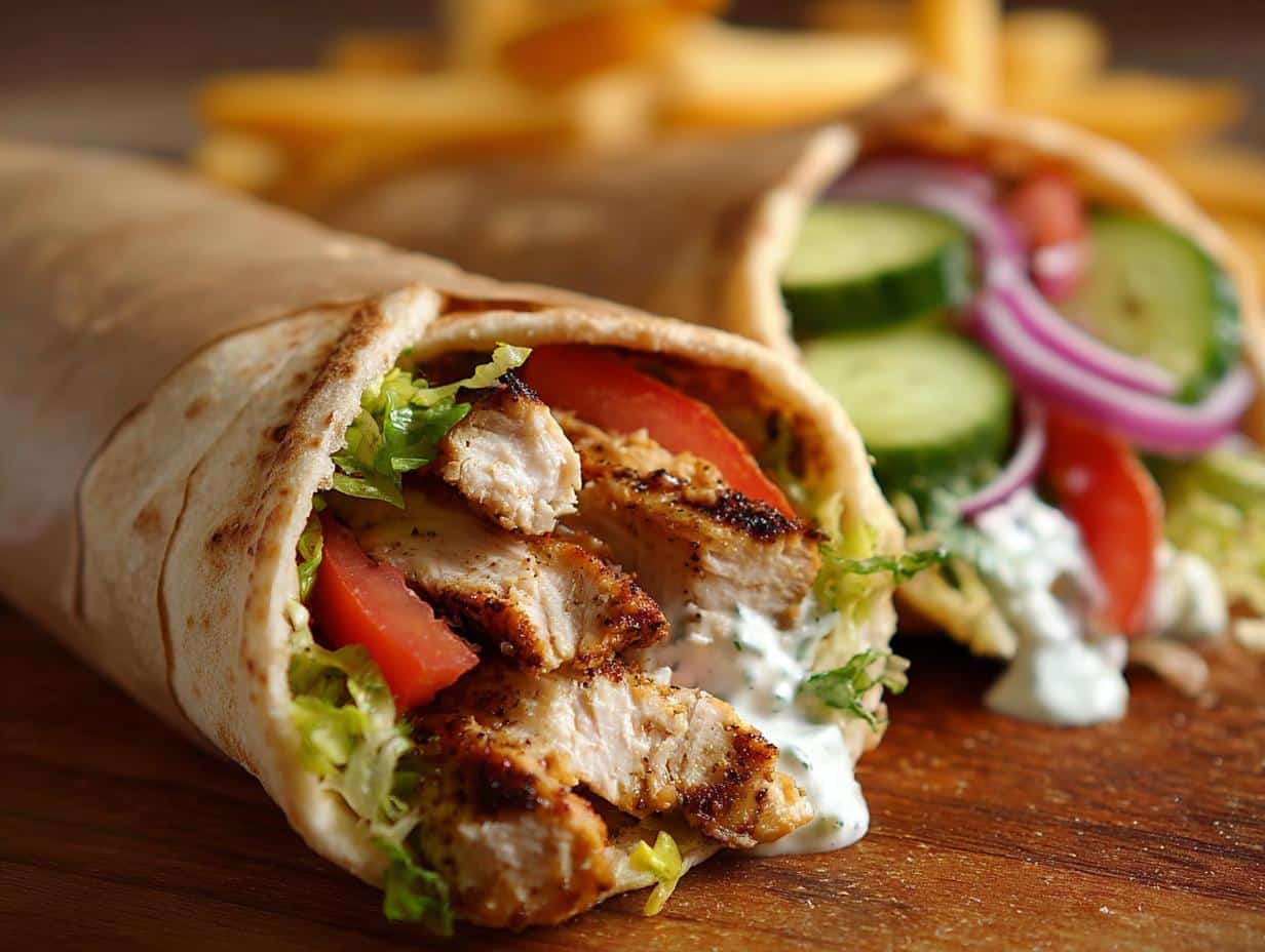 Close-up of a freshly made Grilled Chicken Pita Wrap filled with seasoned chicken, lettuce, tomato, and tzatziki sauce.