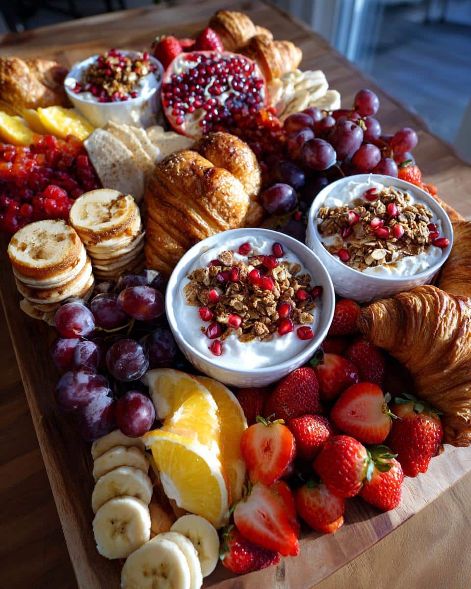 A colorful arrangement of fruit, yogurt, granola, and croissants on a Festive Breakfast Charcuterie Board.