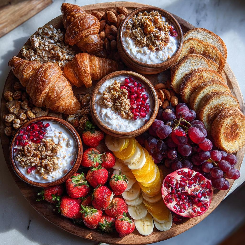 Overhead view of a Festive Breakfast Charcuterie Board featuring yogurt, croissants, fruit, and granola.
