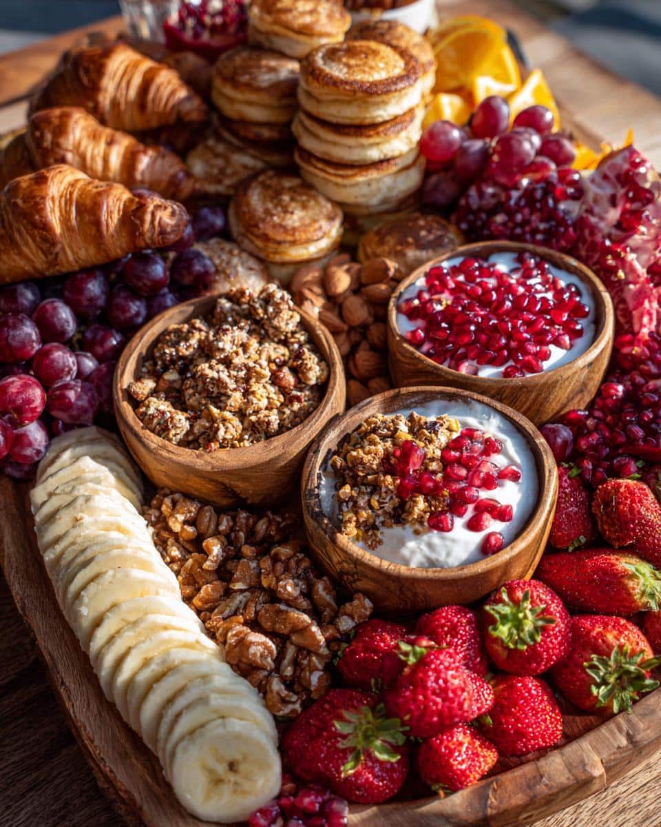 An overhead view of a fully assembled Festive Breakfast Charcuterie Board featuring croissants, mini pancakes, fruit, yogurt, and granola.