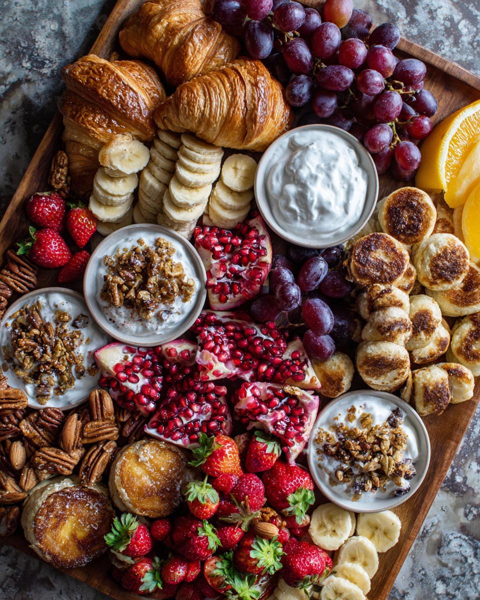 Overhead view of a bountiful Festive Breakfast Charcuterie Board featuring croissants, fruit, yogurt, and mini pancakes.