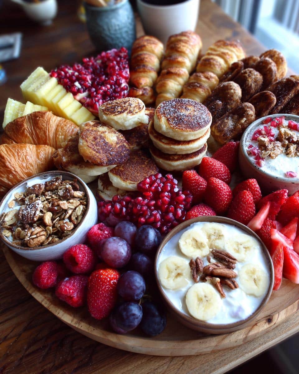 A wooden platter filled with a Festive Breakfast Charcuterie Board featuring pancakes, croissants, fruit, cheese, and yogurt.