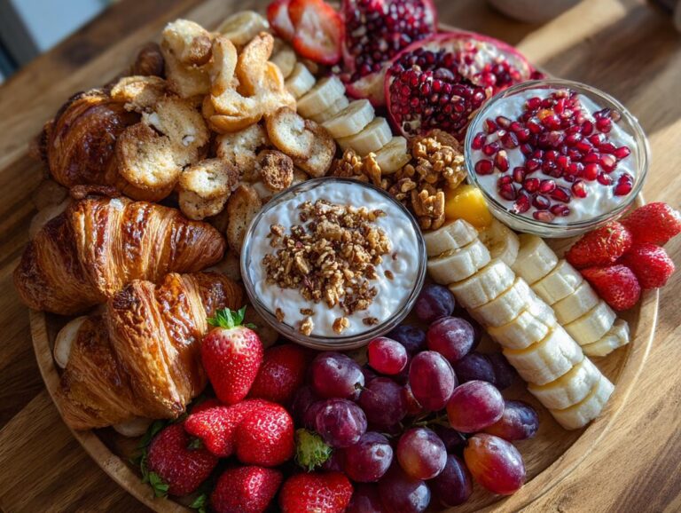 A beautifully arranged Festive Breakfast Charcuterie Board featuring croissants, yogurt, fruit, and granola.