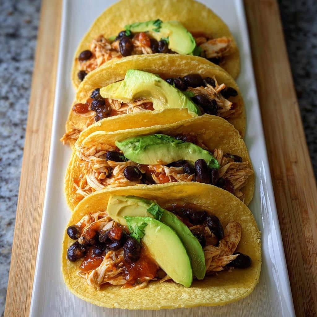 Four crispy corn tortillas filled with shredded chicken, black beans, salsa, and topped with avocado slices for amazing 5-Ingredient Chicken Tacos.