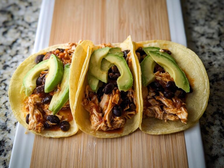Three soft corn tortillas filled with shredded chicken, black beans, and topped with fresh avocado slices for 5-Ingredient Chicken Tacos.