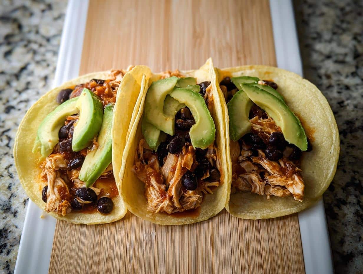 Three soft corn tortillas filled with shredded chicken, black beans, and topped with fresh avocado slices for 5-Ingredient Chicken Tacos.