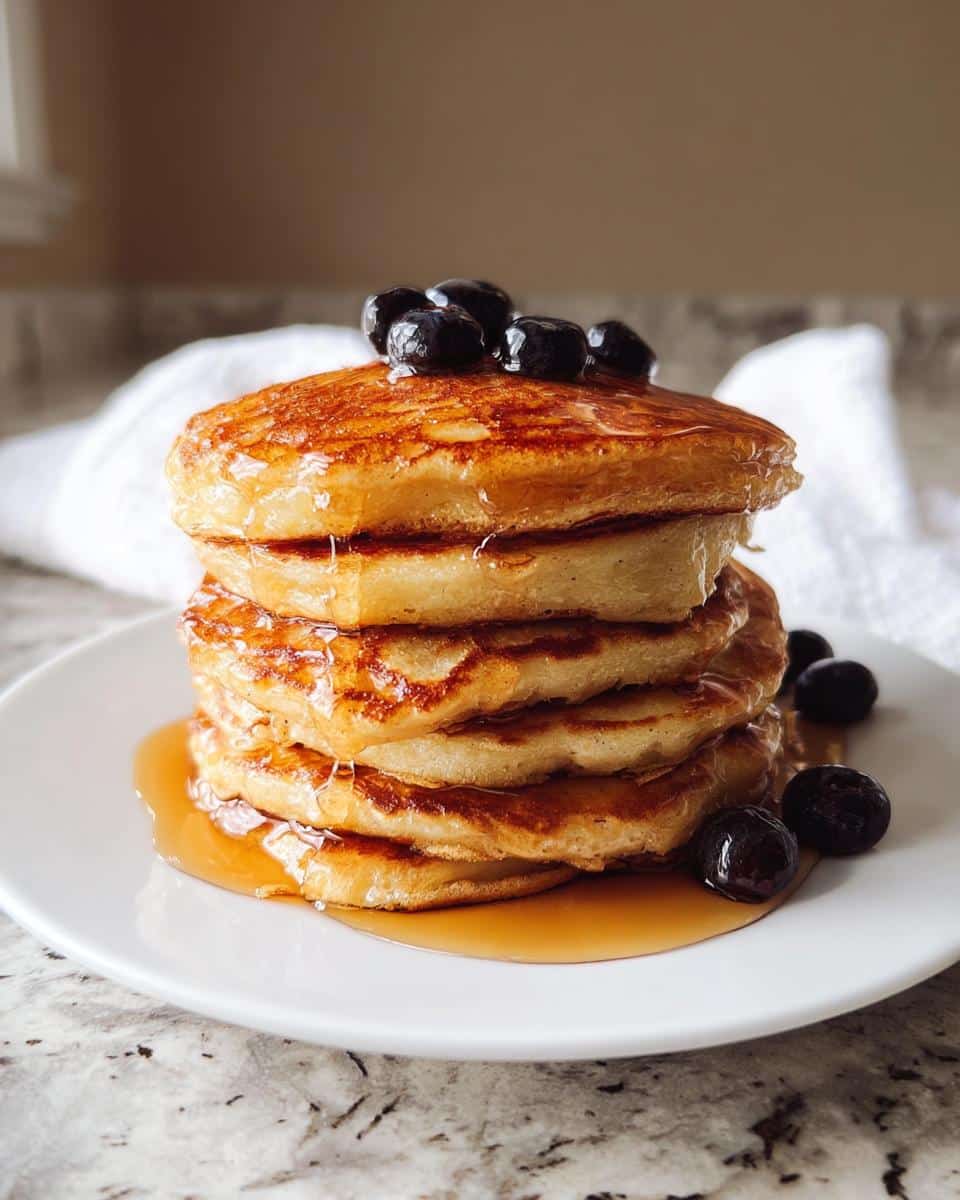 A tall stack of four golden-brown Cottage Cheese Pancakes drizzled with syrup and topped with fresh blueberries.
