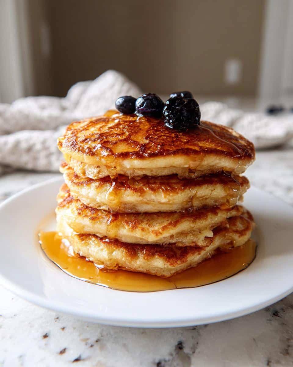 A tall stack of fluffy Cottage Cheese Pancakes drizzled with syrup and topped with fresh blueberries.