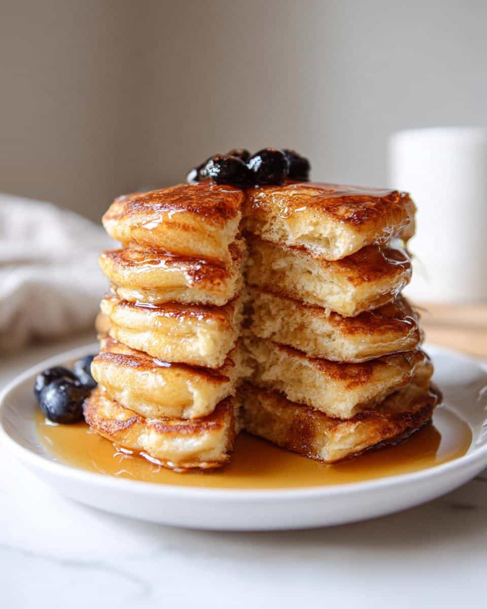 A tall stack of fluffy Cottage Cheese Pancakes, cut open to show the texture, drizzled with syrup and topped with blueberries.