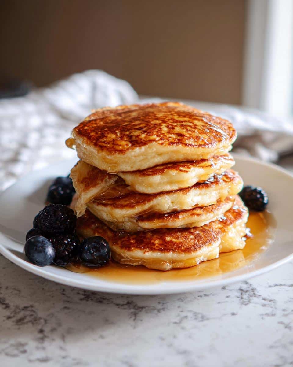 A tall stack of golden-brown Cottage Cheese Pancakes drizzled with syrup and served with fresh blueberries and blackberries.