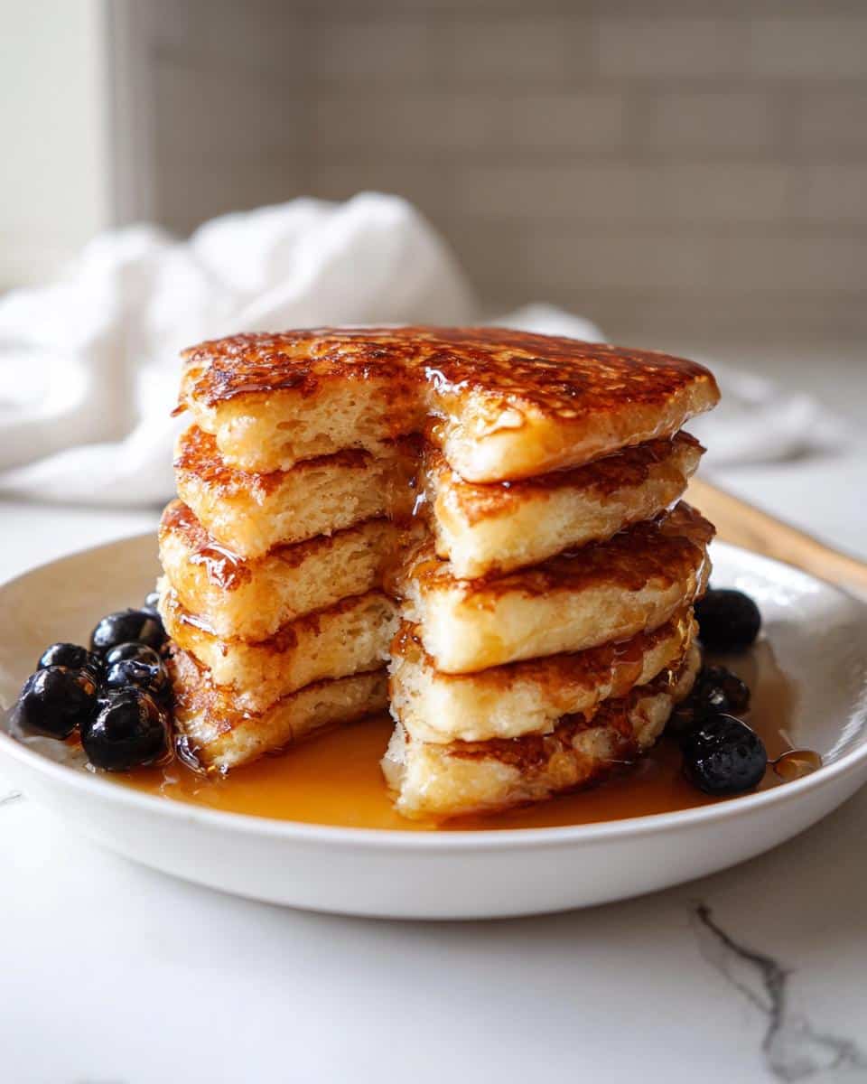 A tall stack of fluffy Cottage Cheese Pancakes drizzled generously with maple syrup and served with fresh blueberries.
